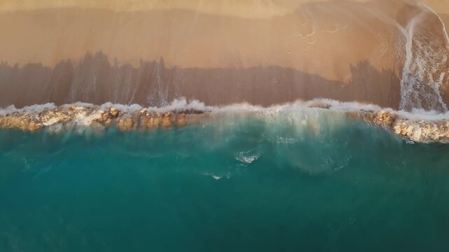 Aerial top down view of the sandy beach with powerful waves