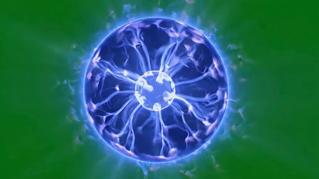 Plasma Ball Energy Discharge with Blue Arcs on Green Screen