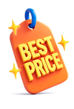 Bright orange best price tag with yellow stars and blue ring isolated on transparent background