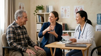Fototapeta premium Sign language interpreter accompanying a patient during a physical therapy evaluation session