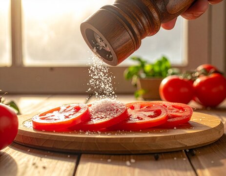Frische rote Tomaten mit Salz aus einem Salzstreuer bestreuen 