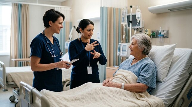 Sign language interpreter accompanying a patient during a pulmonary function testing appointment