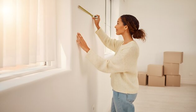 Mujer pintando una pared blanca con rodillo en una habitaci&oacute;n luminosa con cajas de mudanza al fondo