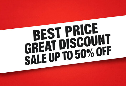 Bright red and white sale banner advertising great discount up to fifty percent off