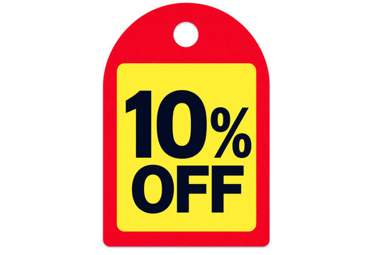 Bright red and yellow sale tag with bold ten percent off text for discounts