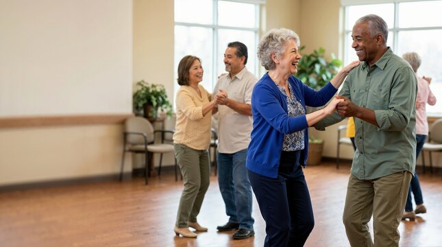 Active senior couple dancing together in a community center. Diverse elderly friends enjoying a social dance class. Active aging and healthy lifestyle concept