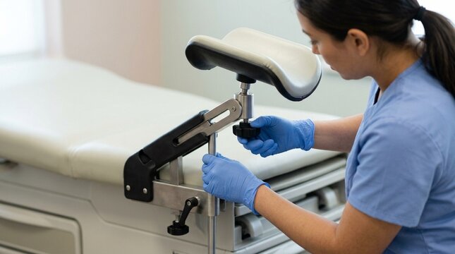 Technician demonstrating an accessible wheelchair-accessible examination stirrup attachment
