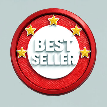 Bright red best seller badge with golden stars and bold text design