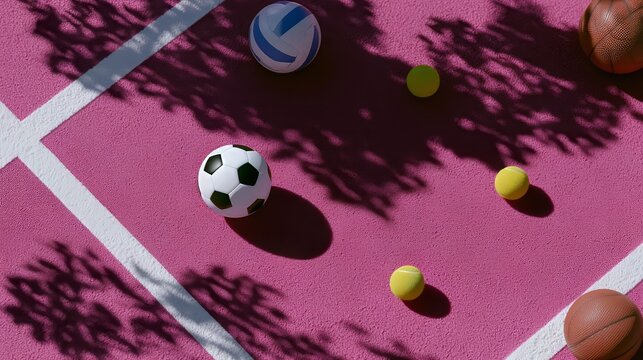 Sports balls on a vibrant pink court with shadow patterns, featuring soccer, volleyball, basketball, and tennis balls.