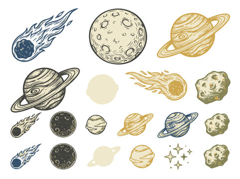 Science Drawing Retro Cosmic Objects and Planets