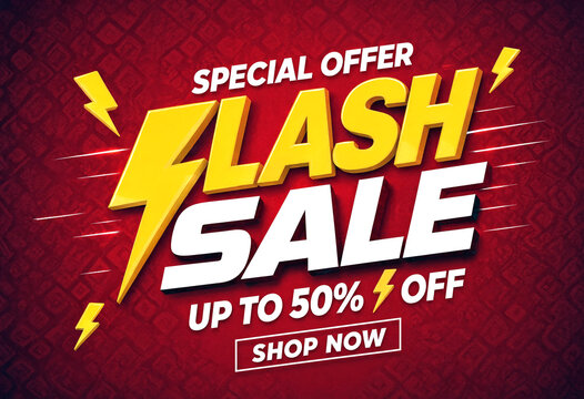Bright flash sale banner with lightning bolts offering up to fifty percent discount promotion