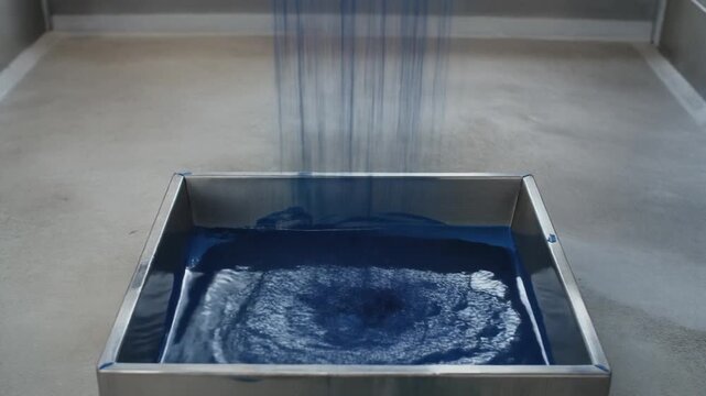 Deep Indigo Blue Dye Liquid Pouring Into Stainless Steel Tray in Dyeing Factory