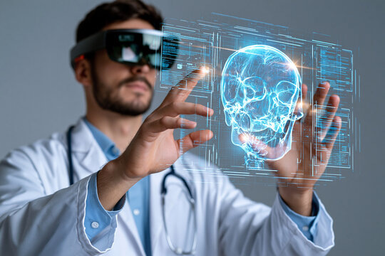 Doctor wears VR headset, interacts with holographic skull. Fingers gesture toward glowing 3D brain scan. Technology bridges real and virtual medical research