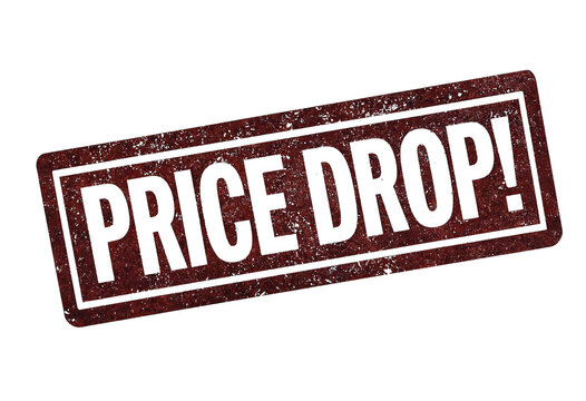 Bright red rubber stamp with bold white price drop text isolated for promotions and sales