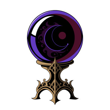 Mystical crystal ball with crescent moon, magic glass sphere on ornate gothic stand, purple fortune telling orb vector illustration