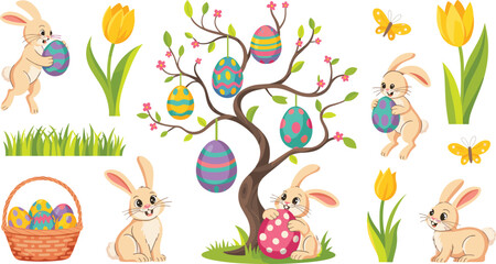 Fototapeta premium Cute Cartoon Easter Bunny Vector Set with Decorated Eggs Tree, Basket, Yellow Tulips, and Butterflies for Spring Holiday Greeting Cards and Festive Kids Designs