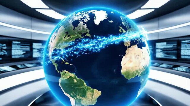 Digital globe and airplane icon in futuristic command center