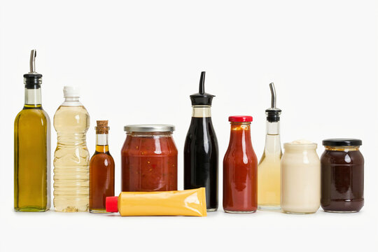 Collection of various food sauces and cooking oil bottles