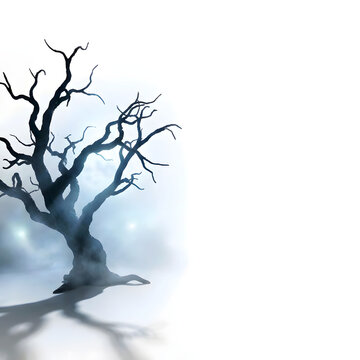 Silhouette spooky tree on foggy background with glowing lights for halloween or fantasy design.