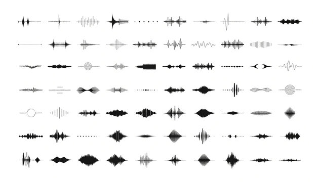 Diverse sound wave patterns displayed in a grid with crisp detail and clear contrast