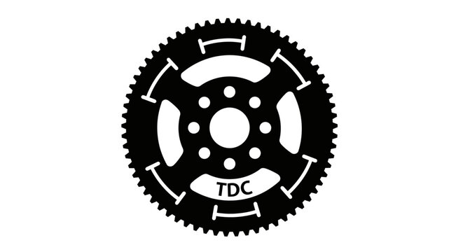 Black TDC timing gear wheel with internal notches and central holes isolated on white background