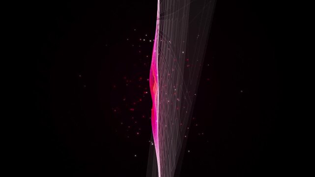 Vertical light ribbon displays a vibrant magenta core surrounded by shimmering particles that dance through a dark void to signify energy and motion in a high-tech or luxury advertising context.