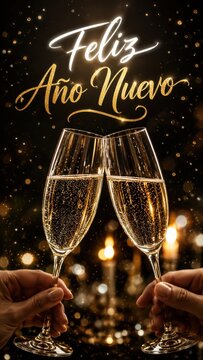 Champagne toast for New Year celebration with golden lights