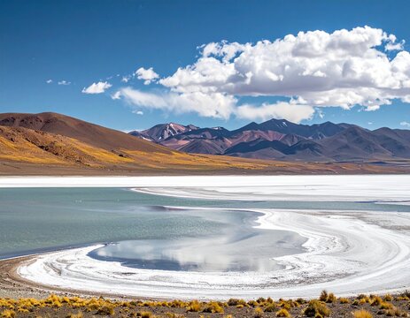 Curved white salt crust shore of an altiplano lagoon with yellow tussock grass and mountain range