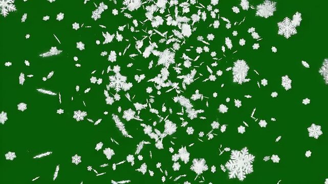 Detailed white 3D snowflakes falling on green screen background