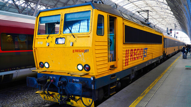 Priga Czech Republic.Regiojet logo on passenger car of train belonging to the company. Part of Student Agency, Regiojet is a Czech private rail company.