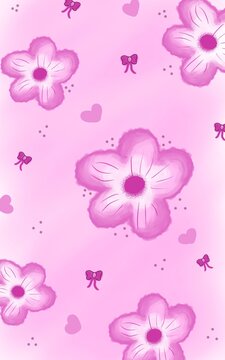Cute seamless pattern og pink flowers, bows and hearts on pastel pink background. Girly floral illustration. Perfect for kids, fashion, wrapping paper, wallpaper and cute feminine design.