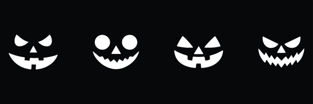 Set of spooky Halloween jack o lantern faces and skulls silhouette. Jack o' lantern silhouettes for festive designs.