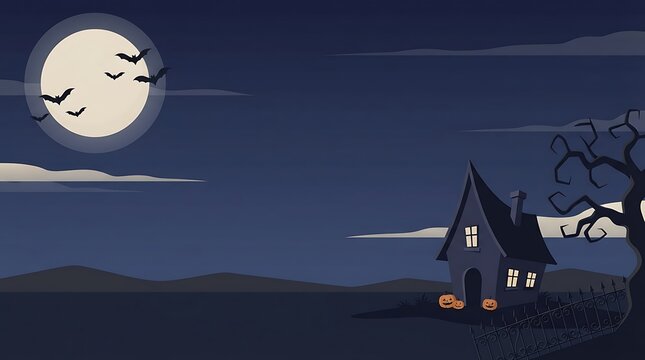 Spooky haunted house silhouette under a full moon with flying bats in a dark blue night sky background
