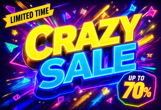 Bright vibrant limited time crazy sale banner with discounts up to seventy percent design
