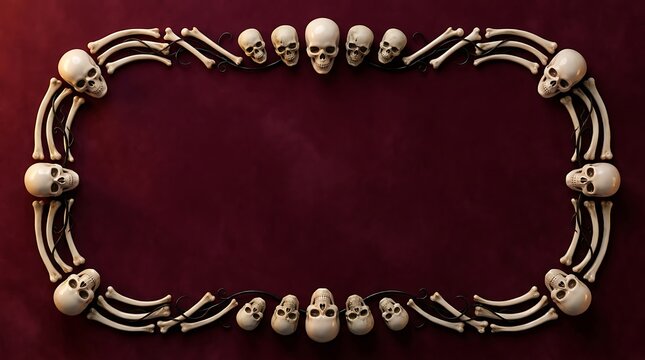 A rectangular frame made of human skulls and bones arranged on a dark red background perfect for halloween invitations or spooky gothic themed graphic designs