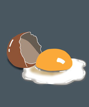 Cute cartoon illustration of a cracked brown egg with yolk and egg white on grey background. Kawaii food art. Perfect for cooking, recipe, breakfast, menu, kitchen and cute food design.