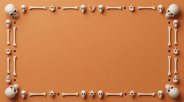 A rectangular frame made of human skulls and bones arranged on a solid orange background creating a spooky border for halloween themed graphic designs