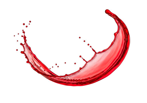 Red wine splash forming a crescent shape in mid-air isolated on white background