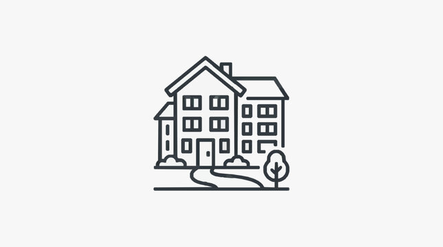 Minimalist Line Drawing of Modern Apartment Complex with Tree and Pathway