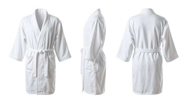 White terry cloth bathrobe displayed from front, side, and back views on a clean white background