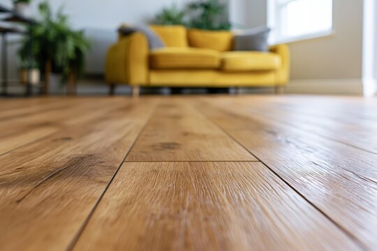 The Wooden Floor in a Bright Living Room With a Yellow Sofa