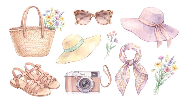 Elegant Summer Fashion Accessories Watercolor Collection