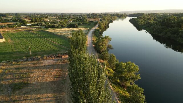 White Stork Nest in Green Agricultural Fields, Aerial Drone View of Rural Countryside