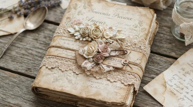 Vintage Journal with Lace and Roses - Shabby Chic Scrapbook Keepsake