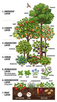 Educational Diagram of a Seven Layer Food Forest System Showing Vertical Stratification of Plants.
