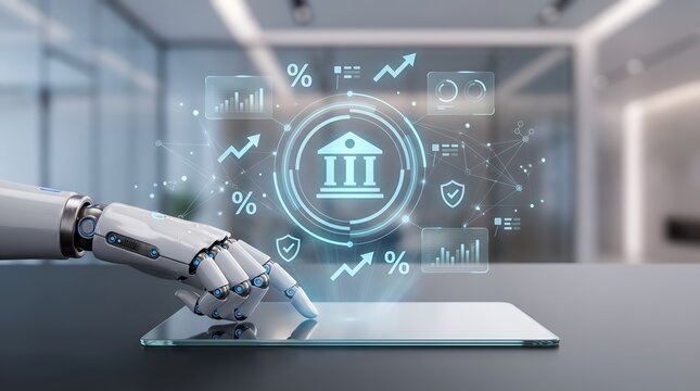 Financial institution security dashboard with robotic hand managing automated banking technology and economic growth data