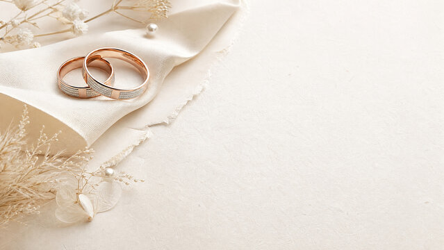 Elegant wedding rings on silk fabric, luxury bridal jewelry with copy space, romantic gold bands on beige background