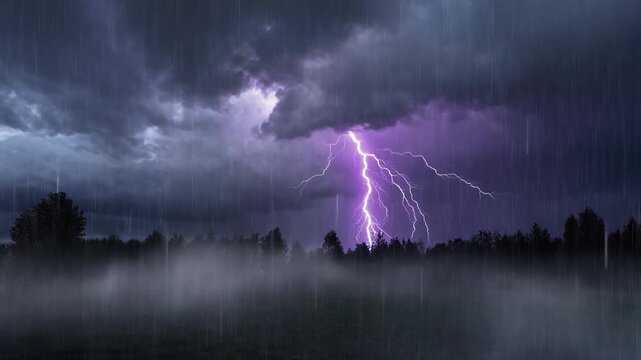 Powerful electric lightning bolt striking during a heavy thunderstorm with dark clouds and rain over a silhouetted forest