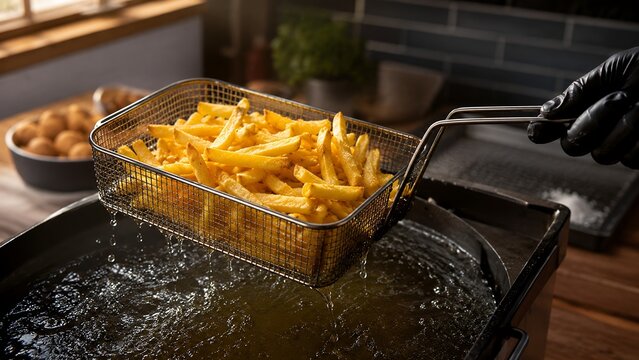 Golden French Fries in Deep Fryer Basket Freshly Cooked Crispy Fast Food Preparation