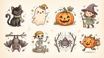Naklejka premium Cute watercolor halloween characters set featuring black cat ghost pumpkin and witch girl halloween character smiling pumpkin